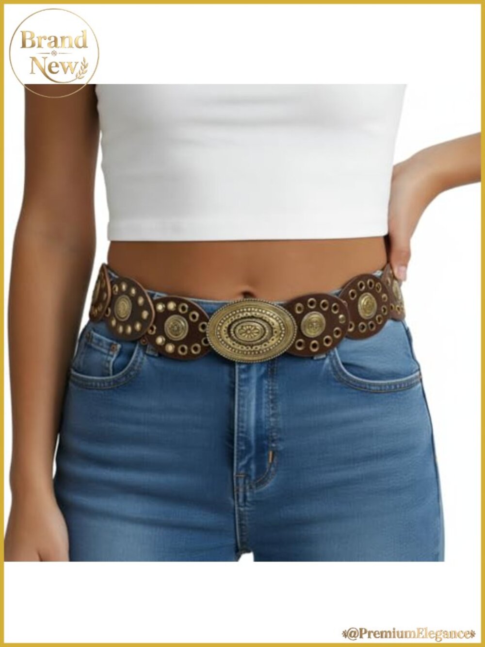 Leather Western Concho Chain Belt, 39.37", Vintage Boho for Jeans Dresses